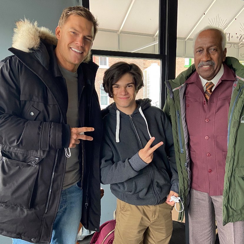 Dorian Giordano with Alan Ritchson and Willie Carpenter from the TV Series Reacher.